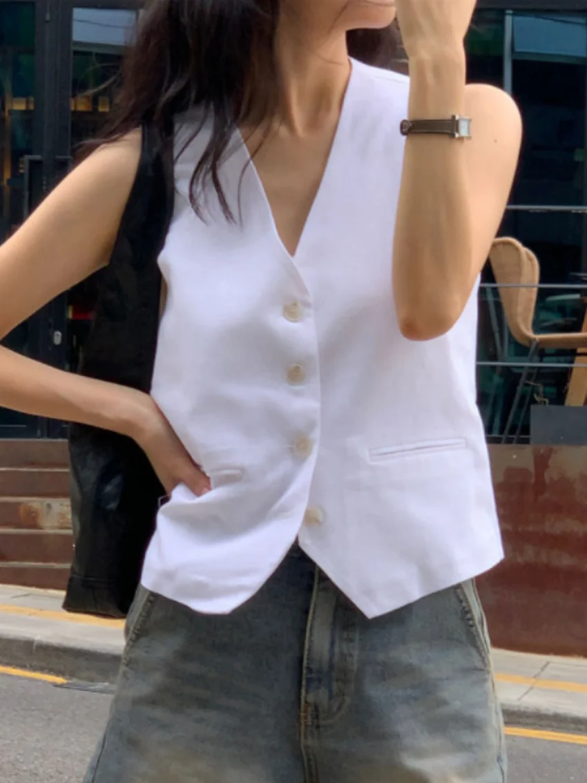 

Alien Kitty All Match Minimalist Vest Coats Slim Women Cotton Linen 2025 Vintage Solid Chic Summer High Street Daily Mujer New