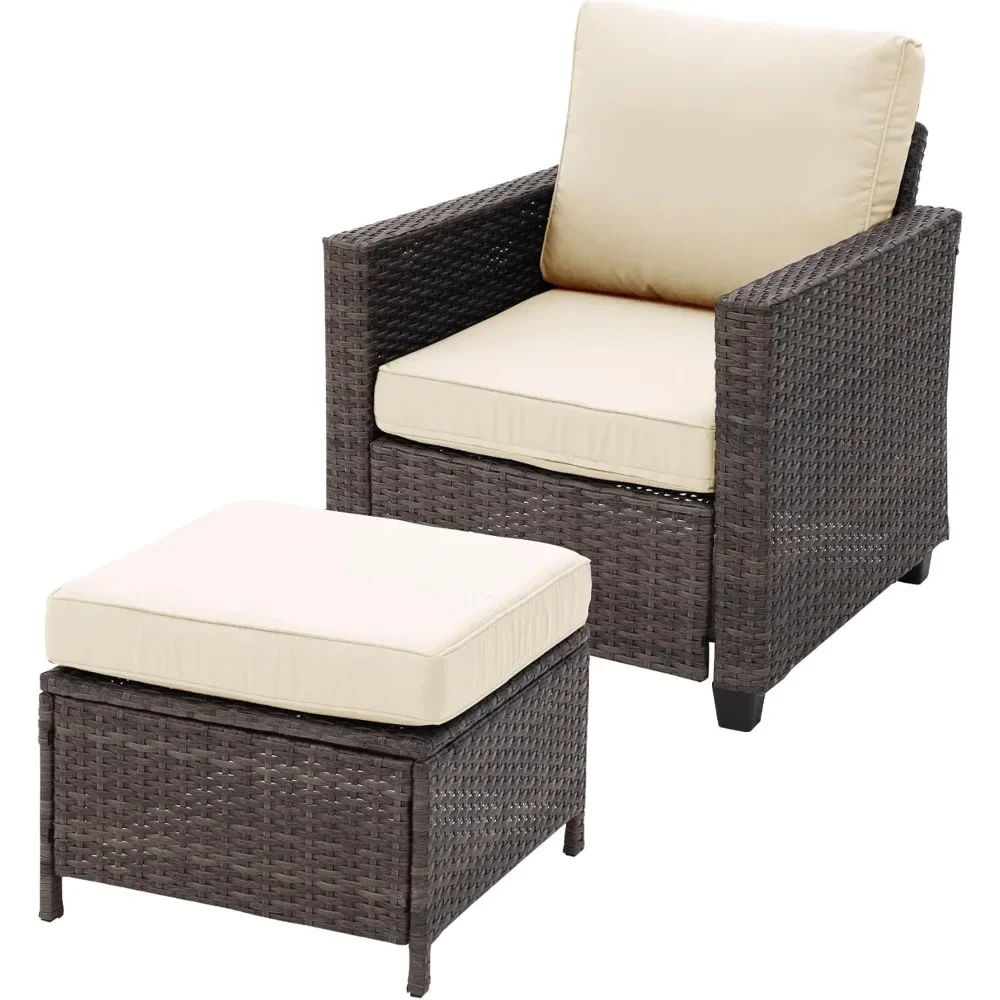 Outdoor Armchair Patio Sofa with Ottoman, 2 Piece Brown Wicker Lounge Chair with  Footrest with Grey Beige Seat Cushions
