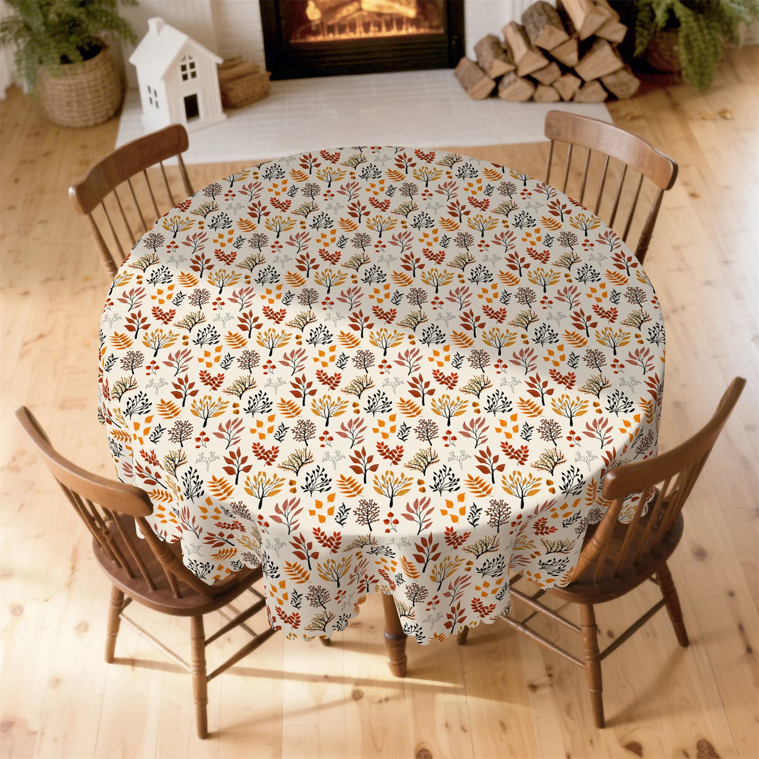 A set of autumn tablecloth with autumn trees, maple leaves and branches pattern, and harvest wind decoration.