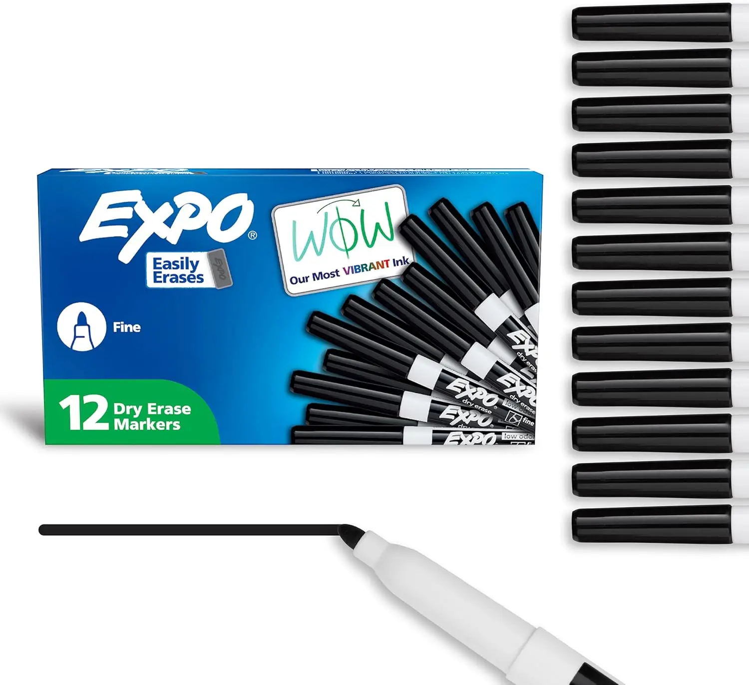 Fine Tip Dry Erase Markers, Low Odor, Black, 12 Pack for Whiteboards, Glass & More