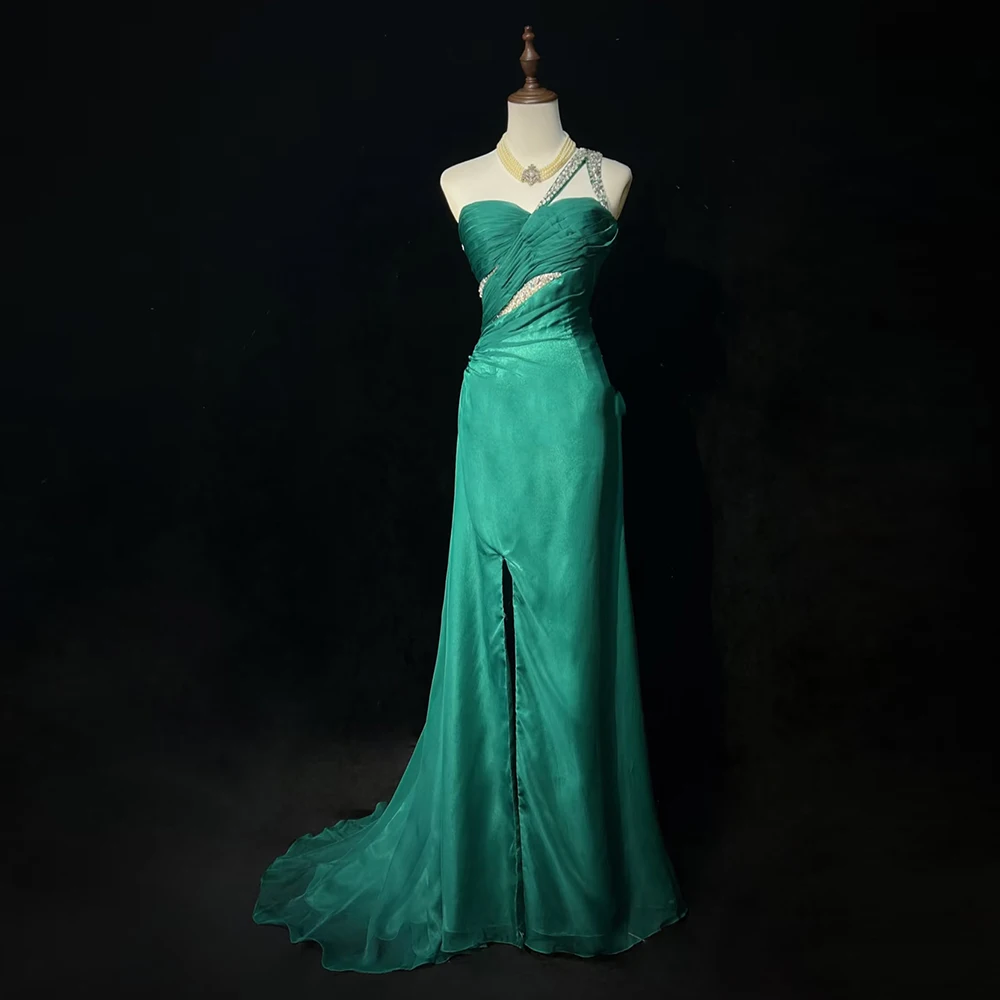 Vintage Green One Shoulder Crystal Prom Dress Backless Pleat Sleeveless Slit A-line Gown Wedding Cocktail Evening Party Dress