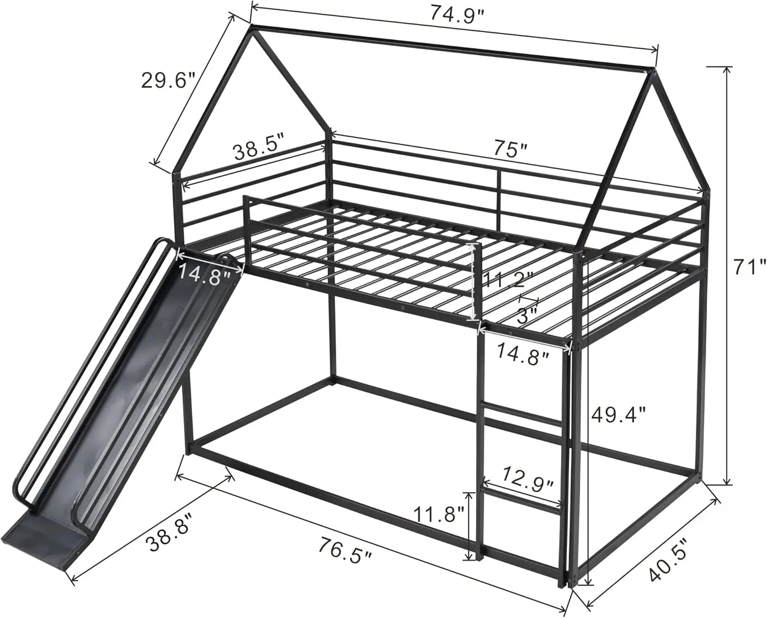 Cama com escorregador e solteiro sobre beliche de metal duplo, beliche baixo para crianças, meninos, meninas, adolescentes, preto