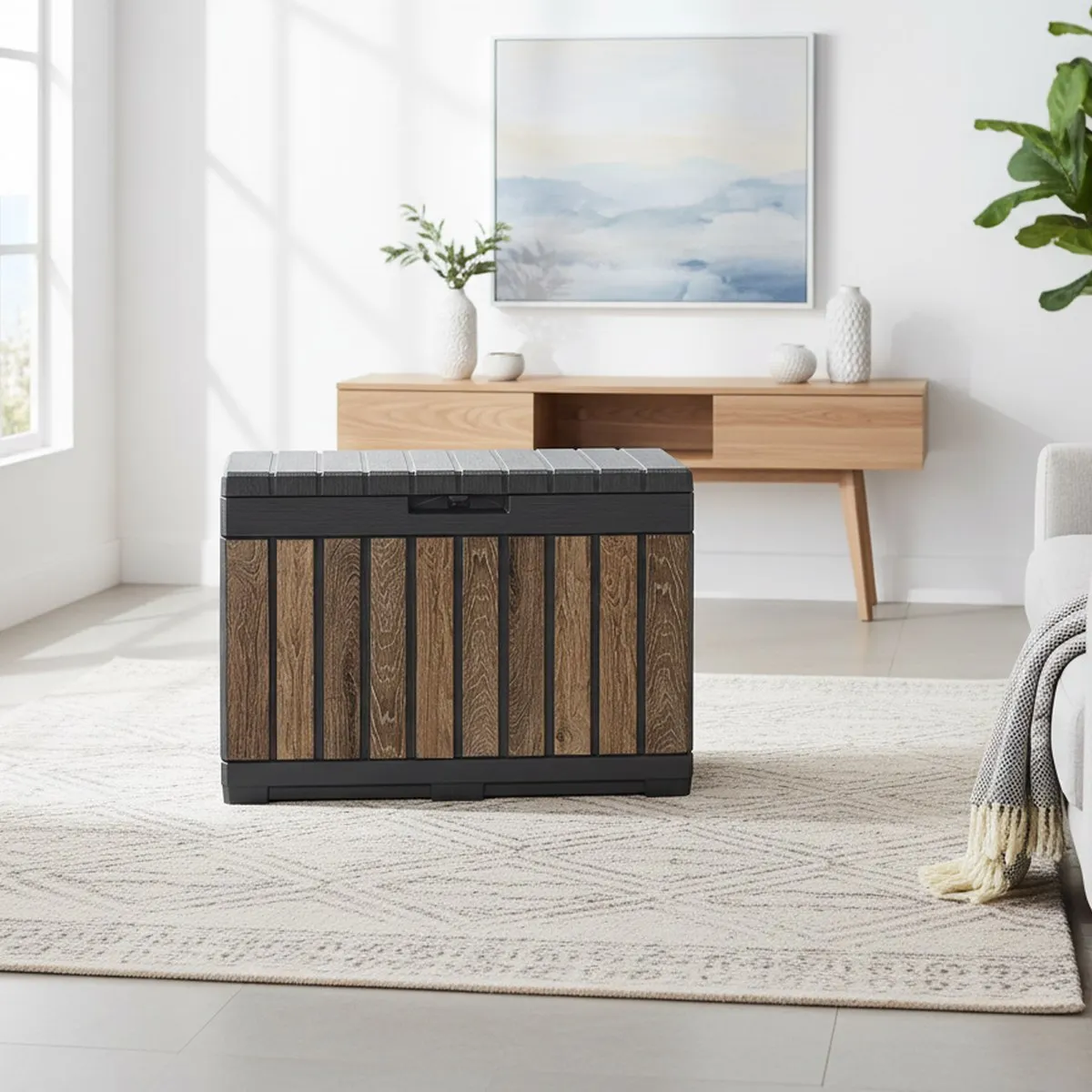 Durable Outdoor Storage Chest Walnut Resin 50 Gallon Patio Organizer Weatherproof Lockable Garden Box