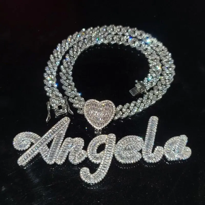 

Customized Name Necklace with Heart Cubic Zircon Iced Out Letter with Cuban Chain Necklace for Women