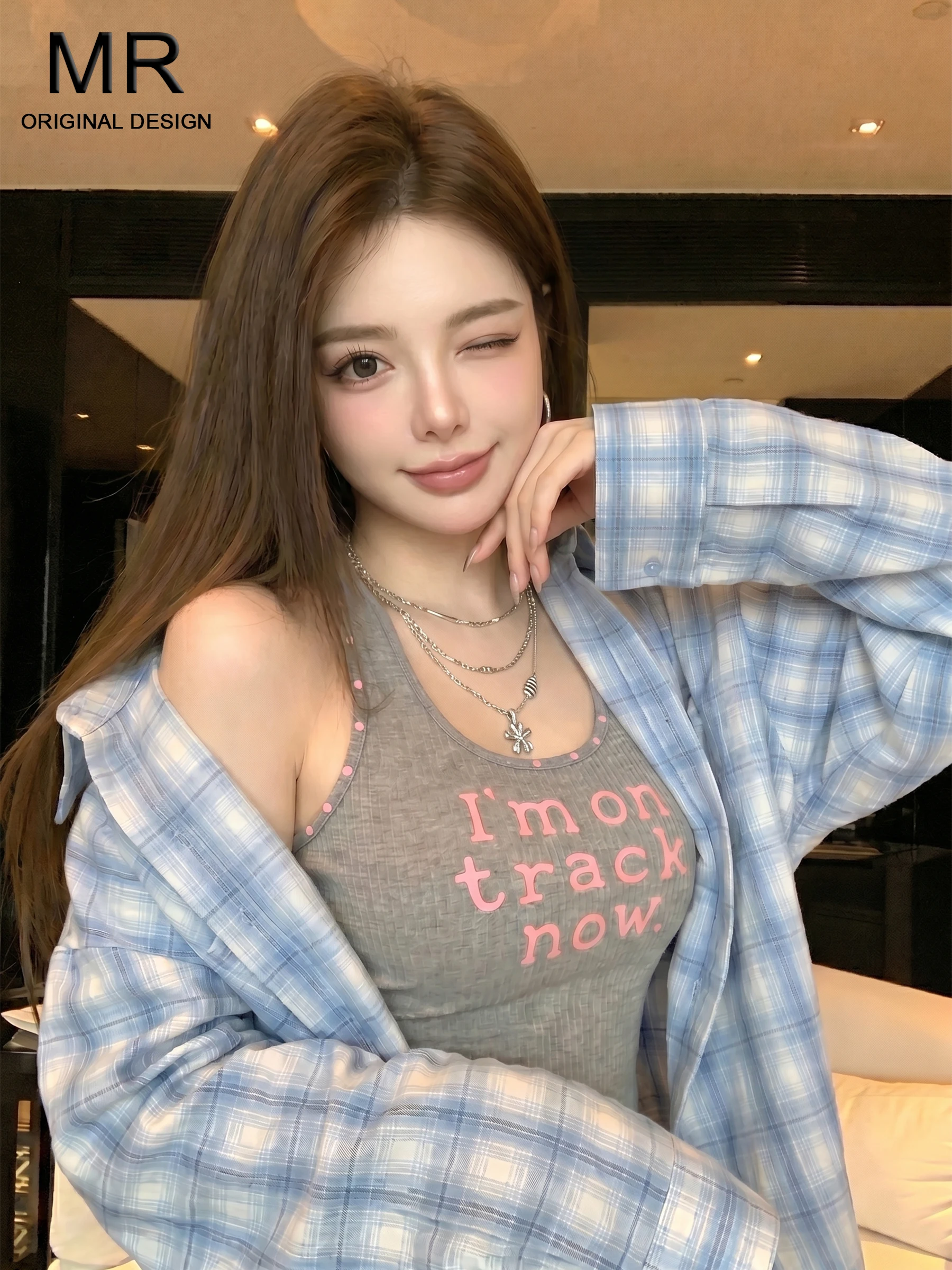 

Blue Plaid Korean Style Women's Long Sleeve Loose Sun Protection Shirt Summer Design Casual Fashion Top Button up Cotton