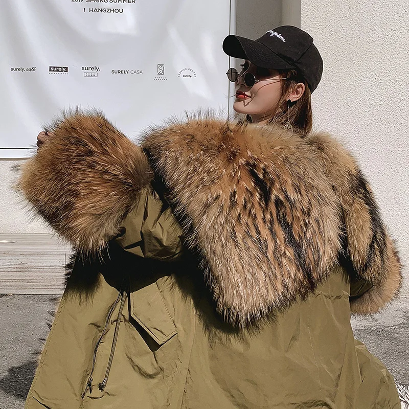 Jaket Musim Dingin Wanita Panjang Parka Fox Nyata Mantel Bulu Alami Raccoon Bulu Kerah Mantel Tebal Tebal Hangat Streetwear Parka Down liner