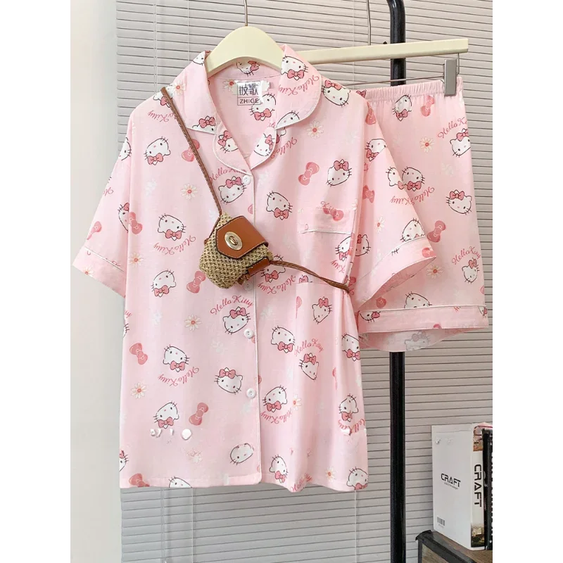 Sanrio-Pijama de seda de Hello Kitty para mujer, ropa de dormir de dibujos animados, informal, cómoda, fresca, transpirable, ligera, para el hogar