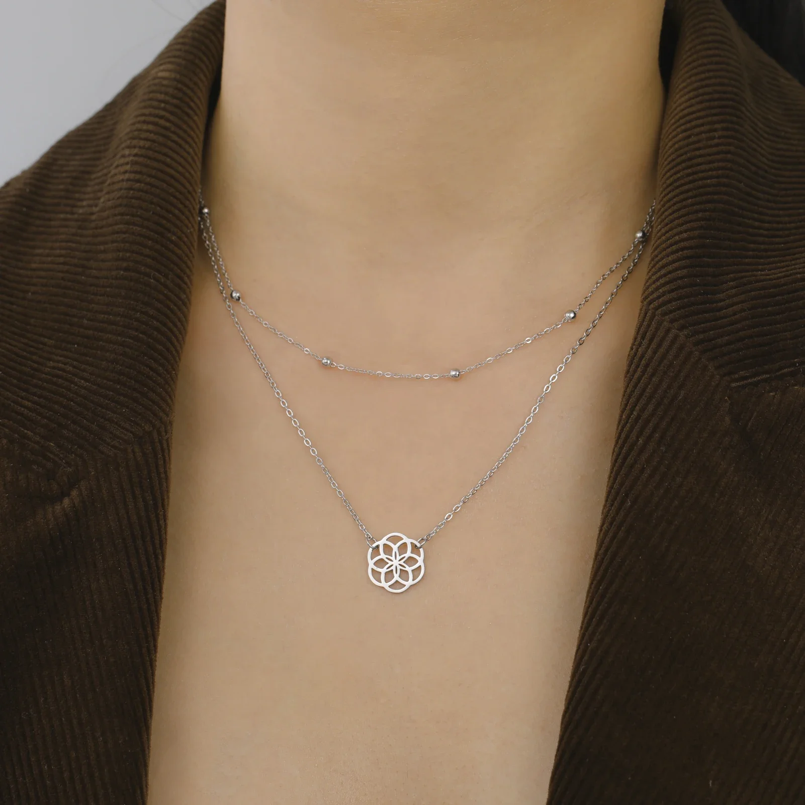 Skyrim Flower of Life Pendant Necklace Women's Stainless Steel Double Layer Chain Sacred Geometry Spiritual Amulet Jewelry Gift