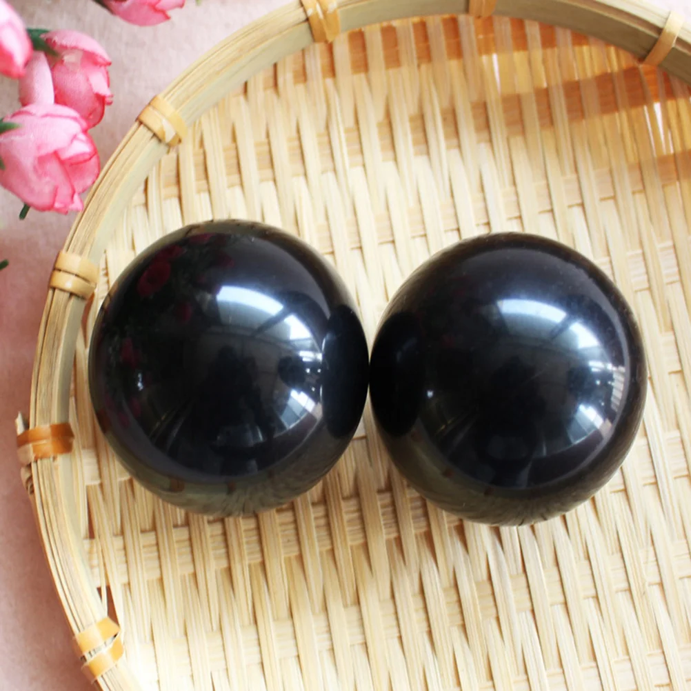 2pcs Natural Stone Massage Ball Meditation Fitness Hand Exercise Healing Ball for Hand Therapy (Black)