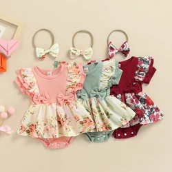 Summer Infant Baby Girls Dress Flying Sleeve Bodysuit + Bow Headband Flower Pattern Ruffle Sweet Style Clothing