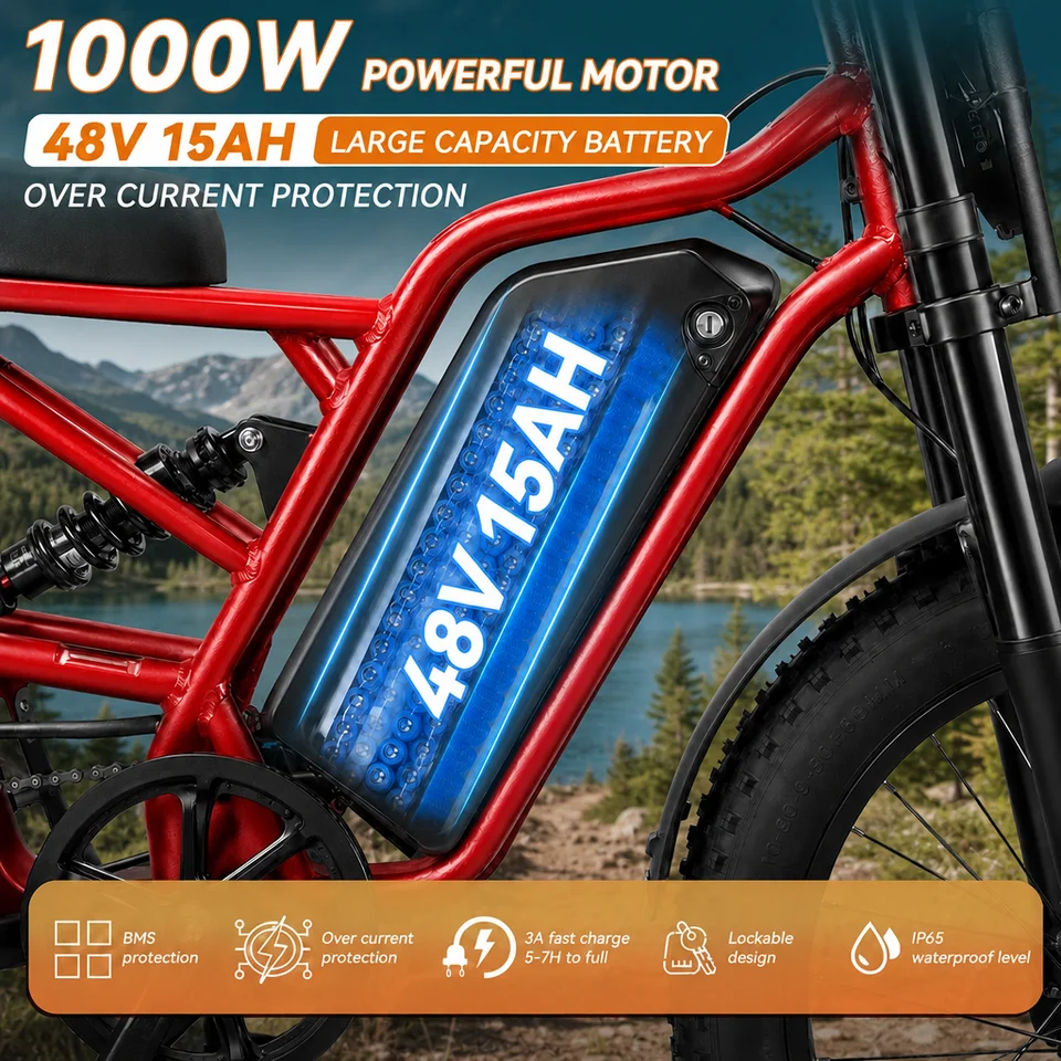 IKING 55pro Off-Road Electric Bike 1000W Motor 48V 15AH 16" Fat Tire All-Terrain E-Bike Full Suspension Dual Disc Brake for Adults image 4
