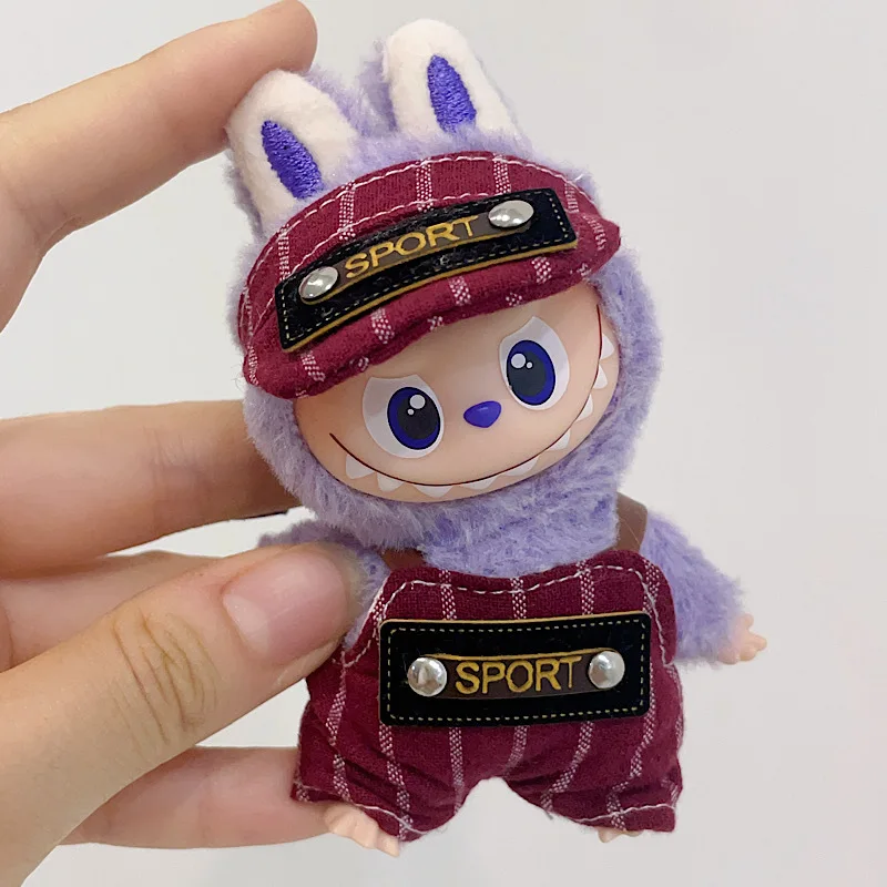 

4th Gen Mini Labubu Heart Code Series Patterned Set, Plaid Stripe Polka Dot Baseball Cap & Overalls for 10cm Vinyl Doll Outfit