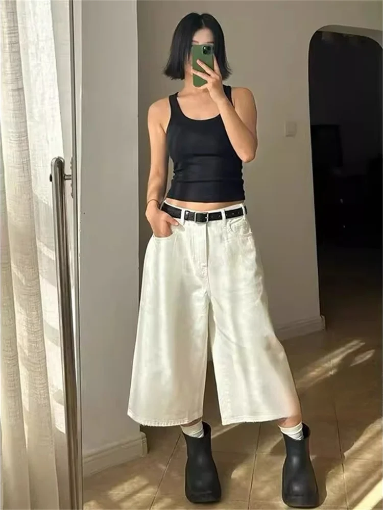 

plus Size American Retro White Seven-Foot Denim Jeans Women Summer Loose Slim High Waist Wide Leg Pants Casual Wear