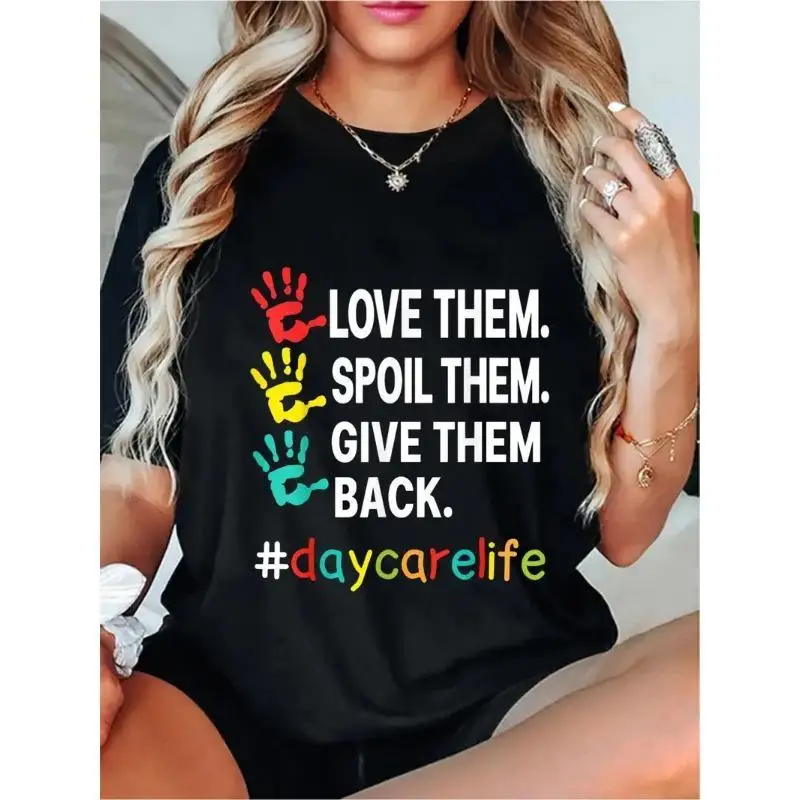 

Funny "Daycare Life" Slogan Print T-Shirt Women Daycare Teacher Mom Gifts Casual Loose Tee Top Short Sleeve Funny Graphic Shirt