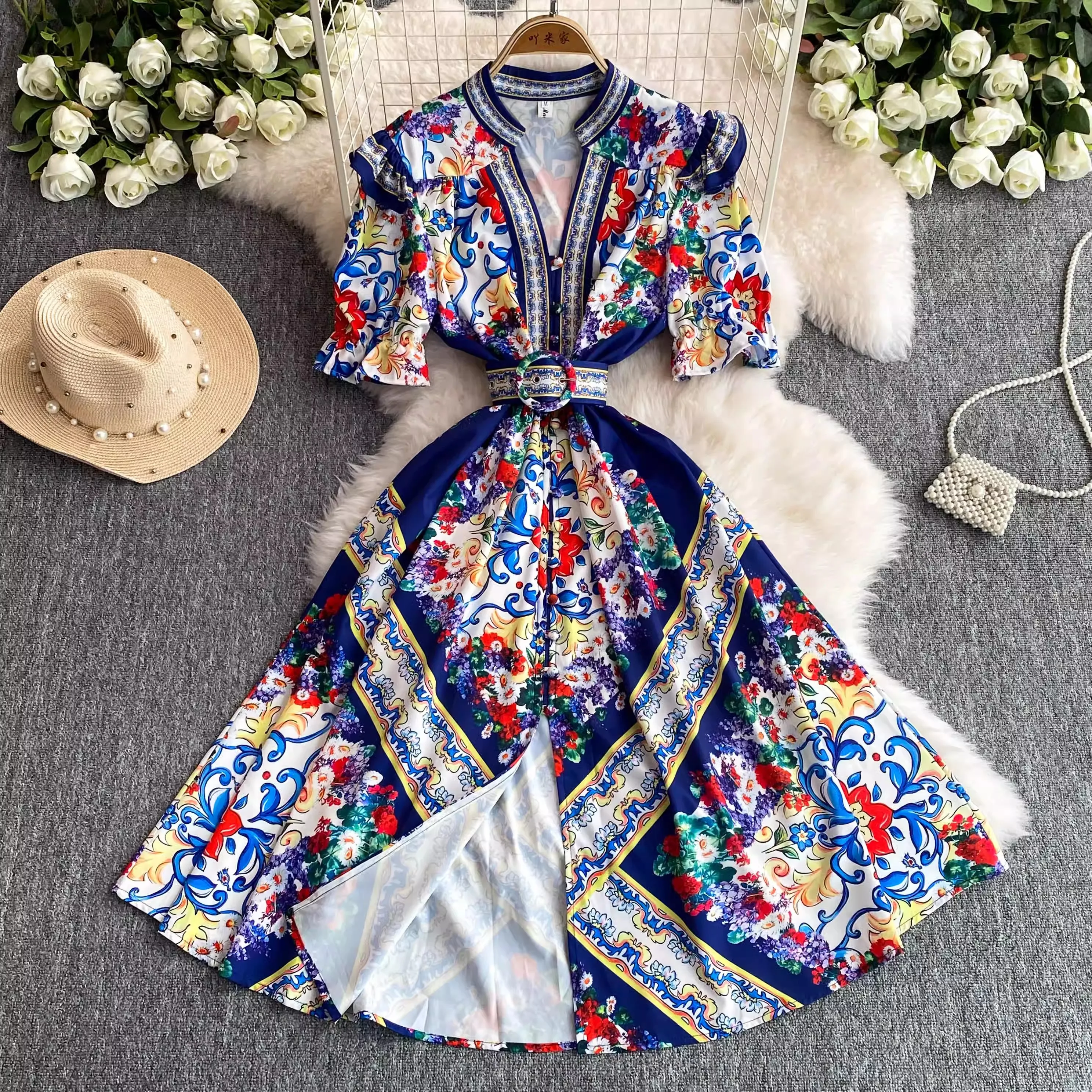 

French Fashion Summer Runway Midi Dress Women's Ruffles Short Sleeve V-Neck Single Breasted Slim Belt Holiday Party Vestidos