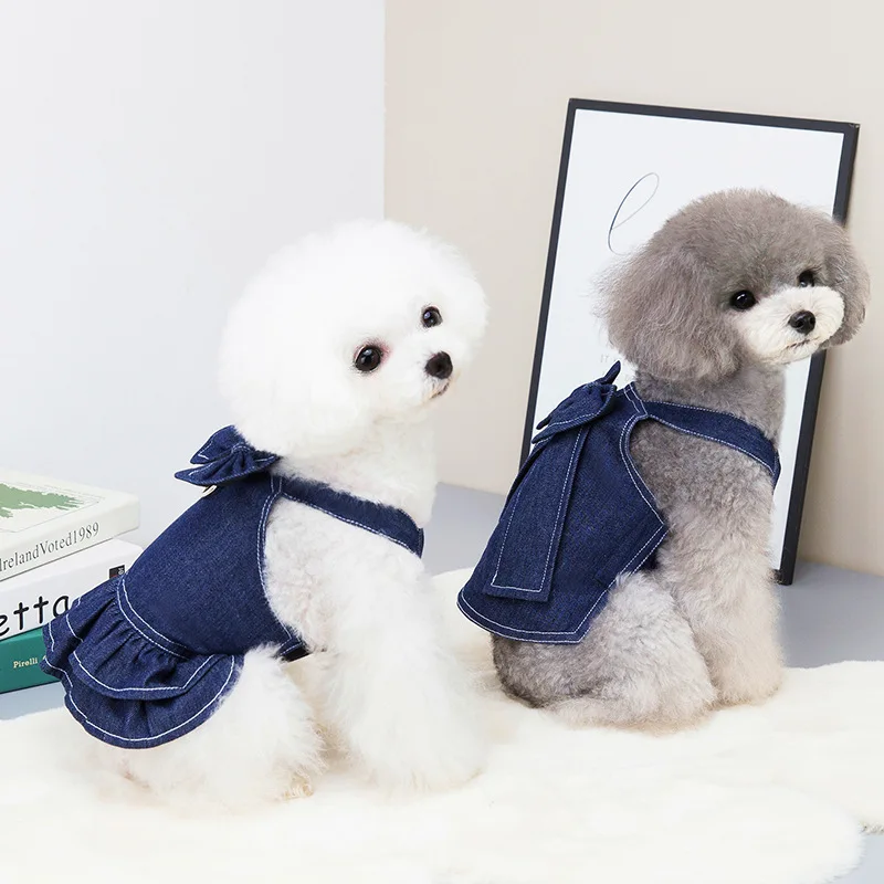 Dog Jean Dress Cat Denim T-shirt Spring Summer Pet Clothes for Small Dogs Poodle Vest Puppy Skirt Outdoor Dog Harness Clothing