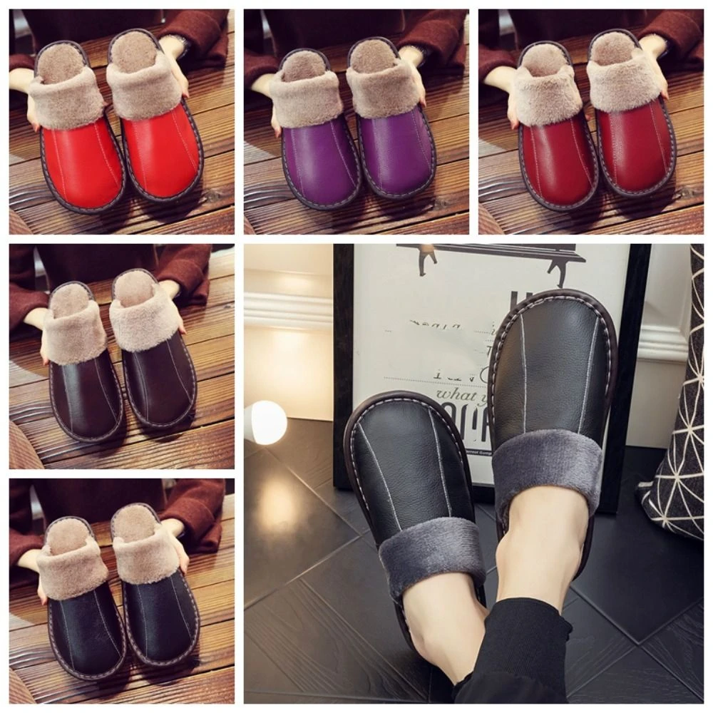 

Leather Men Slipper with Fur Thick Sole Solid Colour Plush Warm Slippers Homewear Shoes Anti-skid Soft Sole Home Slippers