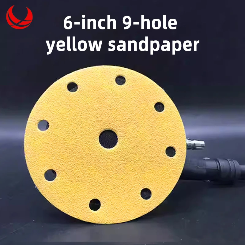 

6-inch 9-hole yellow dry sandpaper, 150mm round, for sanding and polishing automotive paint and wood, 80-600 grit.