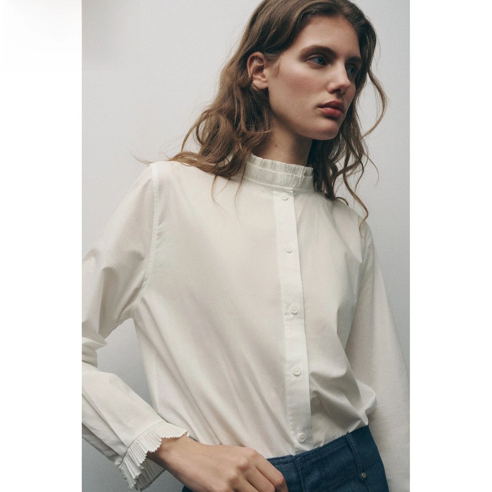 

Spring 2025 New Women's Cotton Blend Long Sve irt Top Layered Sle Faionable Loose Fit Button down Pure Color