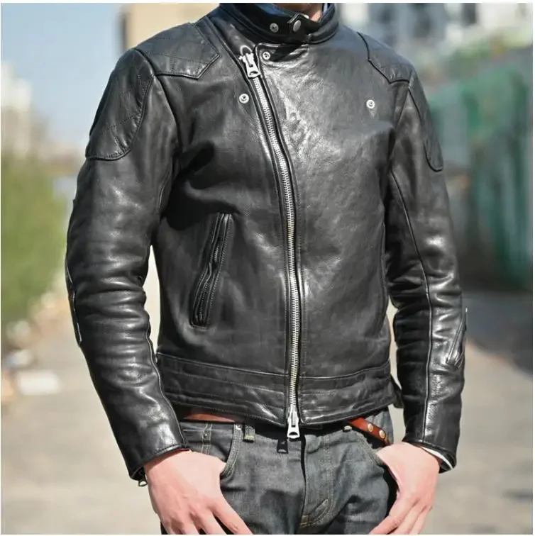 YR!Wholesales.Heavy thick cowhide motor jacket.Mens vintage style tanned leather coat.1.4mm Rider jacket.Slim fit