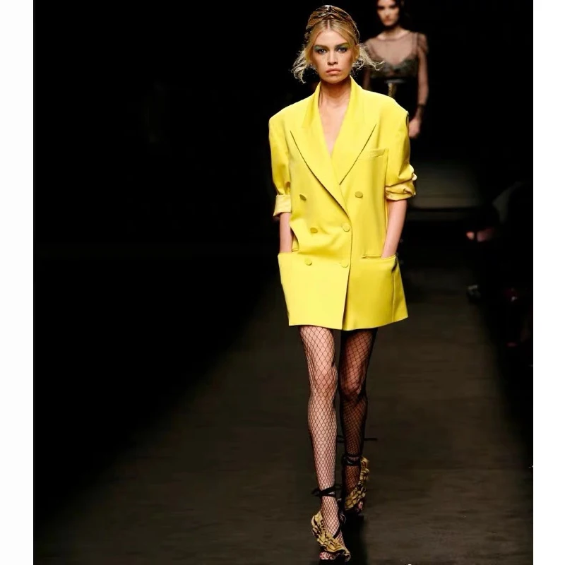 Chic Street Style Suit Dress Coat Double Breasted Long Sleeve Midi Dress Cool Shape Spring Autumn Fashion Naturaleye Brand