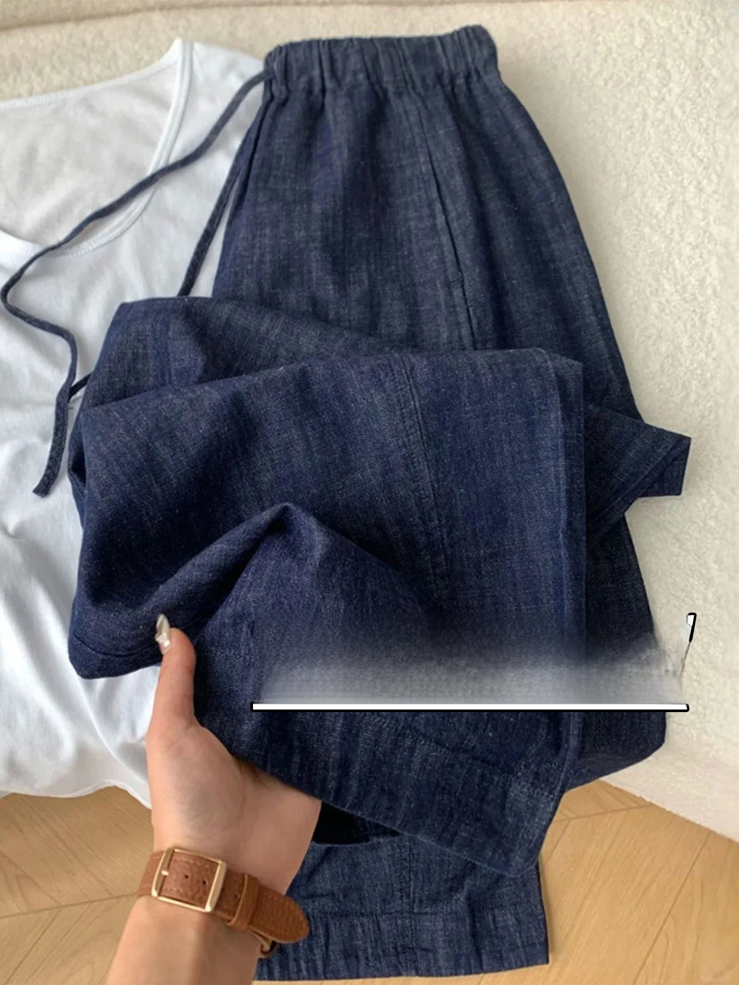 Casual Cotton Linen Wide Leg Pants Women Spring Summer Thin Elastic Waist Drawstring Nine Points Straight Tube Jeans