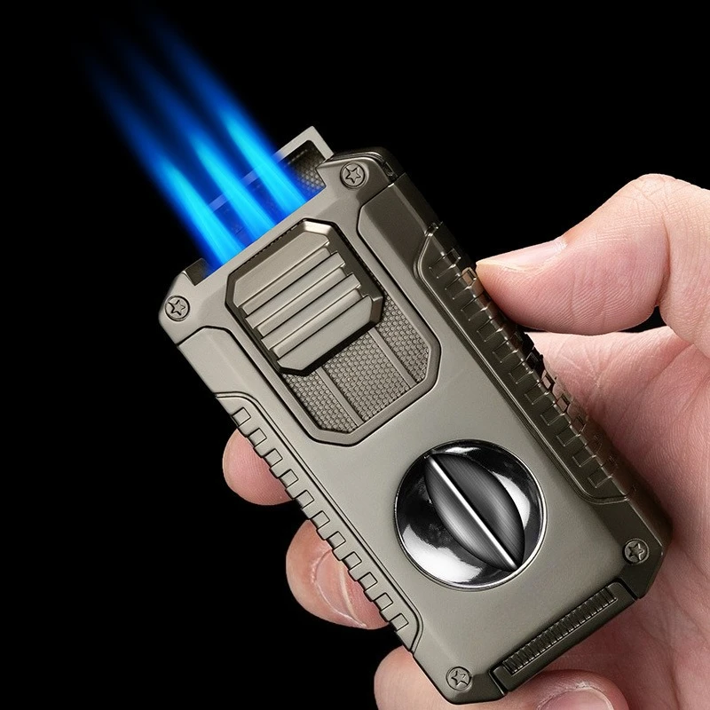 

5 in 1 Professional Cigar Lighter with V-shaped Cigar Cutter Bottom Cigar Drill Thru Needle Strong Three Flame Butane Lighter
