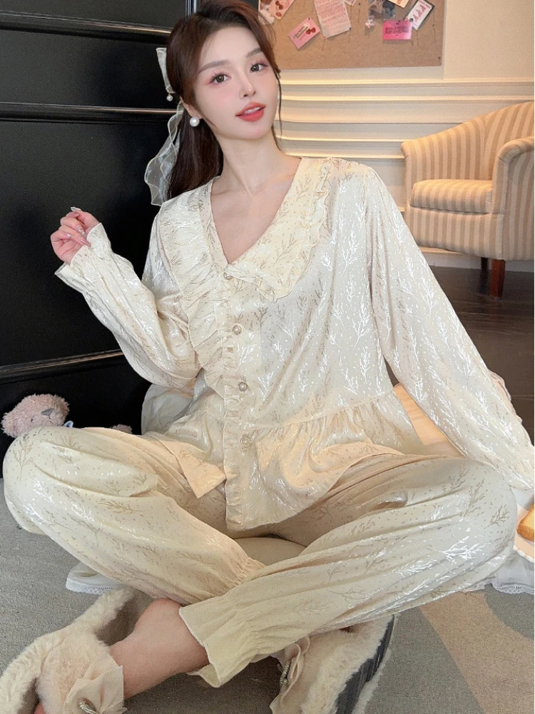 Spring Summer 2024 New Korean Pajamas Women's High-End Ice Silk Cardigan Pants Two-piece Outfit Home Clothes