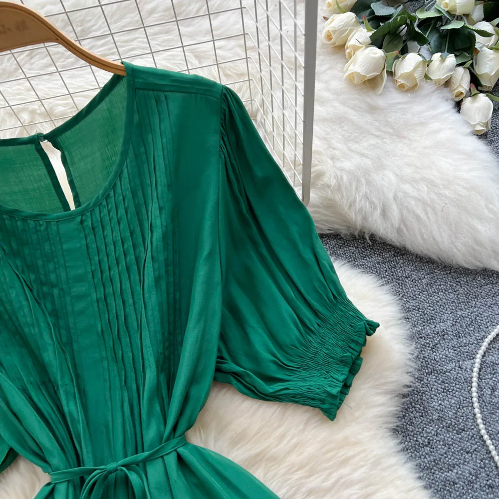 Elegant lace-up loose short sleeve Vintage Chic  Slim Ball Gown Dresses French Evening High Street Clothing