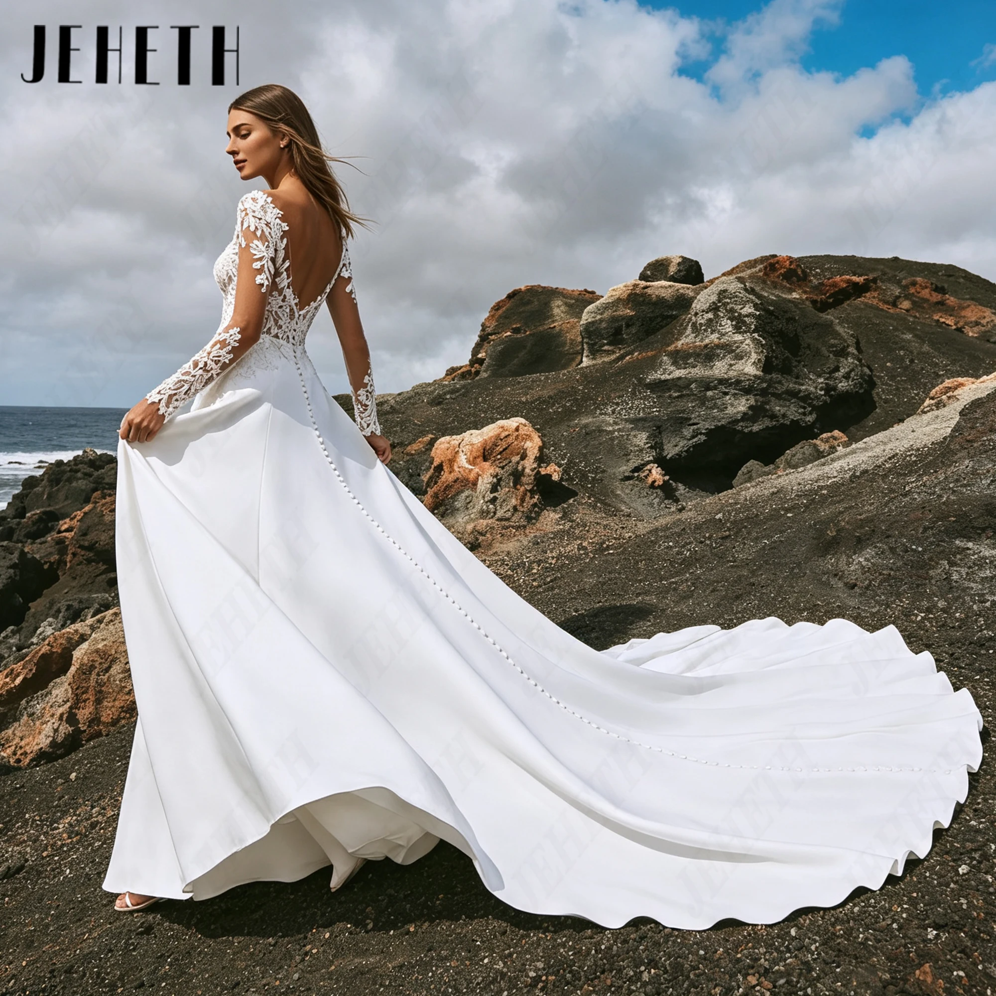 JEHETH Scoop Neck Mermaid Wedding Gowns V Back Illusion Long Sleeves Bridal Dresses Customized Lace Appliques Bride Gown 2027