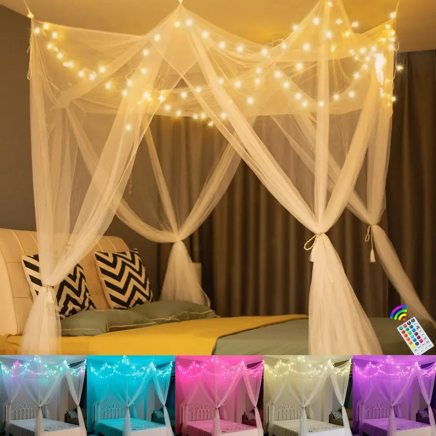 

Bed Canopy with 24 Colors Star Lights for Girls, 8 Corner Princess Canopy Bed Curtains with Color Changing LED String Lights Rem