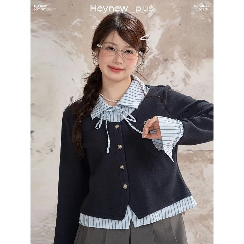 Plus Size Women Preppy Fake Two Piece Top Striped Collar Bow Long Sleeve Knit Blouse For Curvy Women S4XL