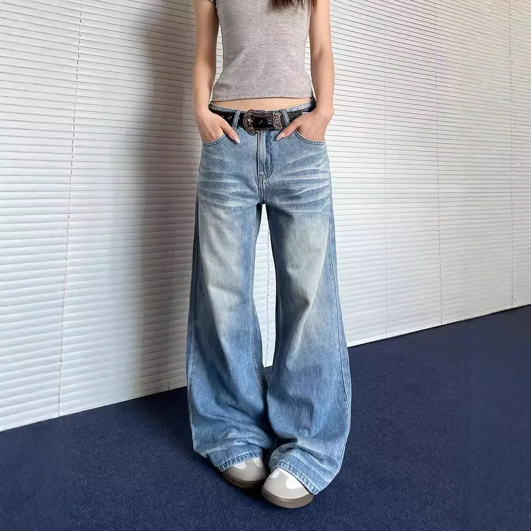 Baggy jeans met lage taille, gewassen rechte denimbroek met wijde pijpen, casual losse boyfriendjeans, streetwear-broek