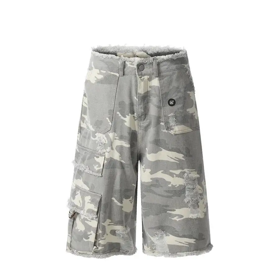 Outdoor Luxury 2026 Washed Distressed Loose Wide-leg Cleanfit Casual Shorts Camouflage Pocket Cropped Pants Cargo Gym Shorts Men