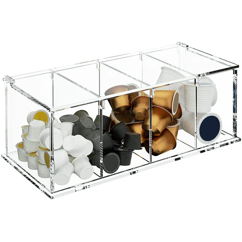 

Acrylic Storage Box 4-Compartment Organizer For Coffee Capsules Tea Bags Sugar Packets Clear Case Gift Container Home Storage