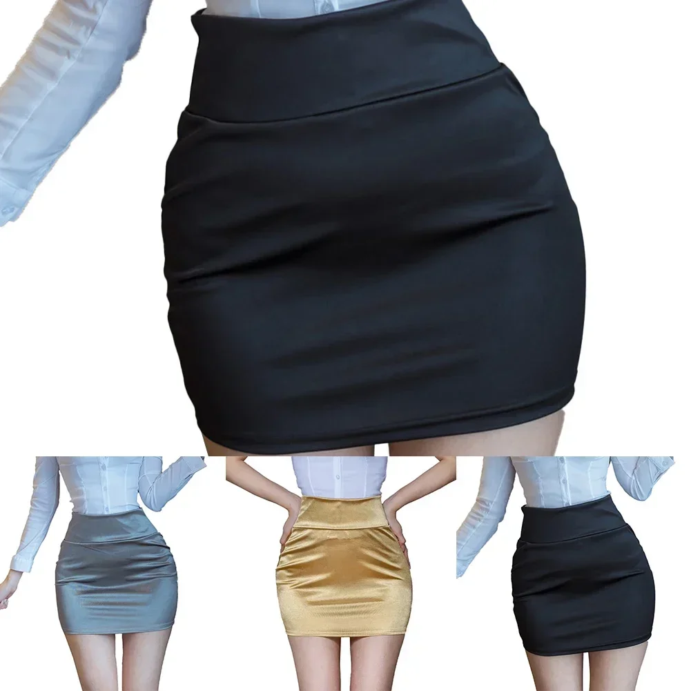 Women\'s Solid Color Silky Bodycon Short Skirt Stretchy Package Hip Mini Skirt For Clubwear (Black/Gray/Golden)