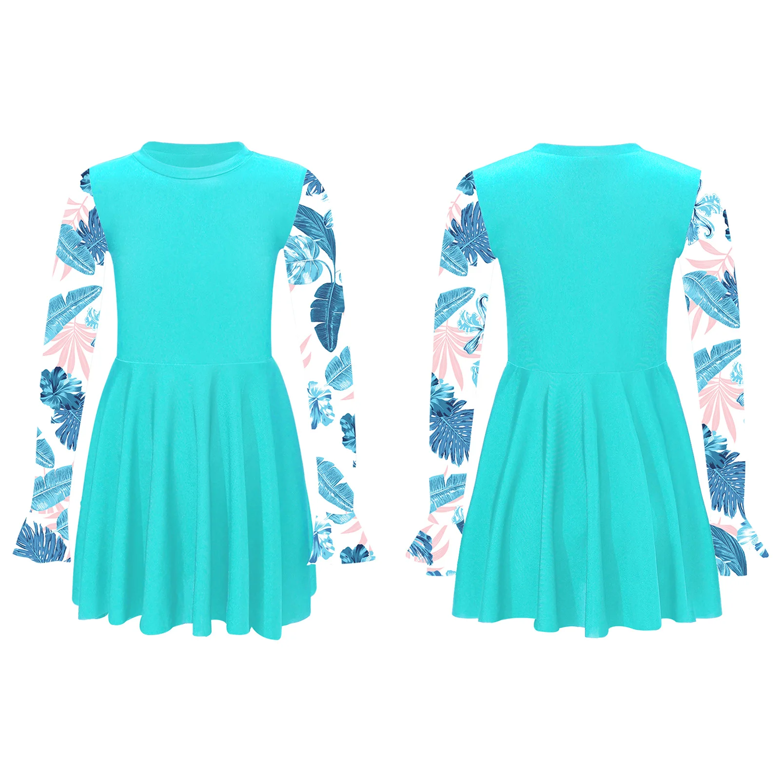 Kids Girls Bathing Suits Swimsuit Children Printed Swimwear Long Sleeve Swim Dress Summer Pool Beach Water Park Swimming Dress