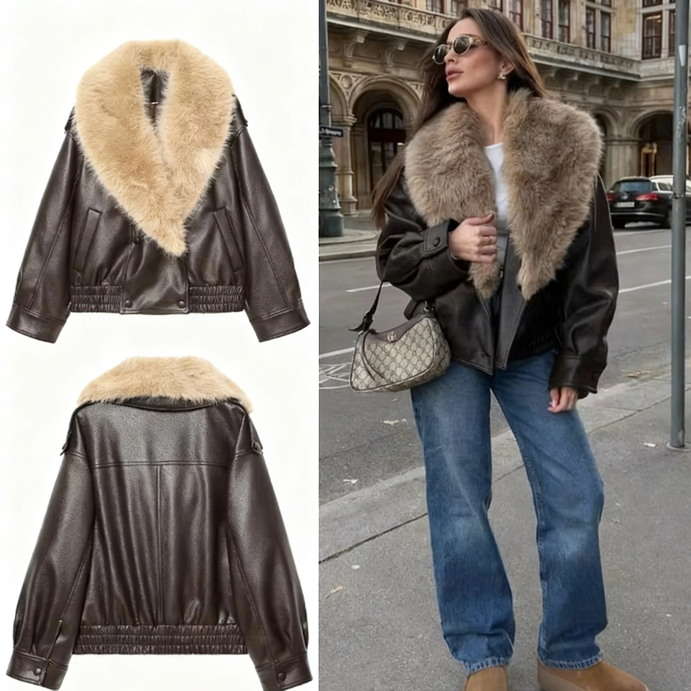 

Women Fall Winter PU Leather Jacket Faux Fur Lapel Loose Jacket Coat WomenFashion Vintage Streetwear Ladies Jacket
