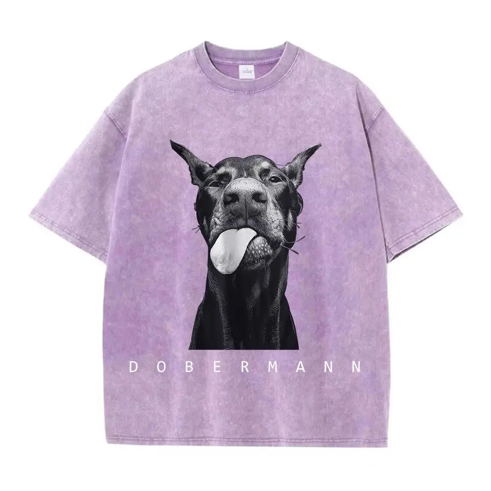 เสื้อยืดผ้าฝ้ายฟอกสำหรับผู้ชาย พิมพ์ลายโดเบอร์แมนที่ทันสมัยและสร้างสรรค์ แขนสั้น คอกลม ทรงหลวม สไตล์สตรีทแวร์แบบดูเก่า