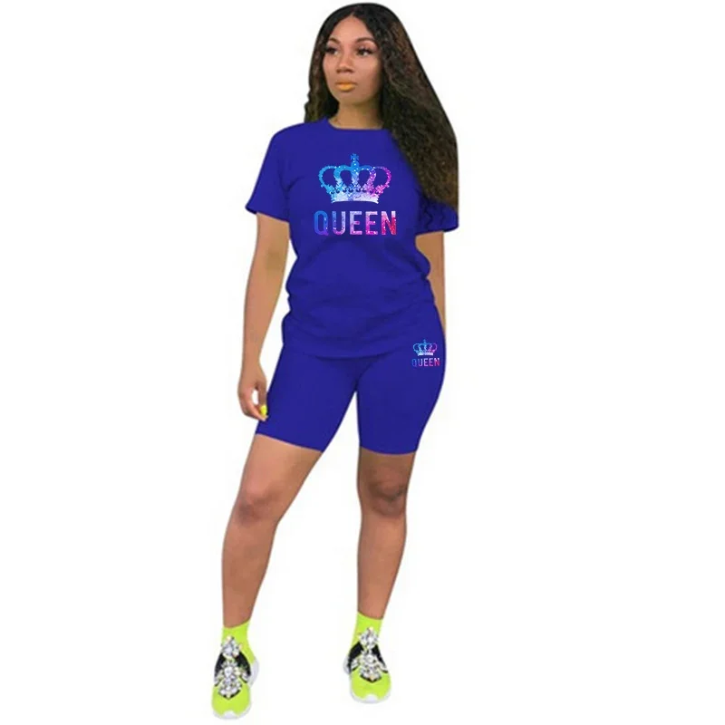 Womens Colored Queen Printing Tracksuit Fashion Casual T-Shirt +Shorts 2 Piece Set Luxury Jogging Outfit Summer Travel ShortSuit