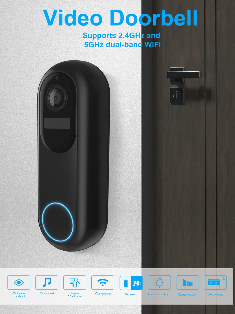 Black wireless video doorbell camera 1080p dual wifi with a sleek curved design and a glowing blue circular light at the bottom.