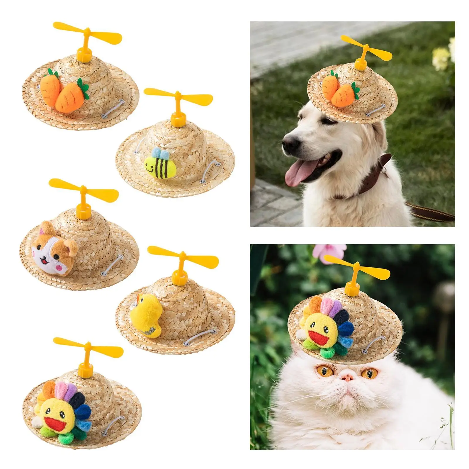 Hand Woven Straw Hat Dogs Sun Hat Lightweight Easy to Wear Party Dress up Pets