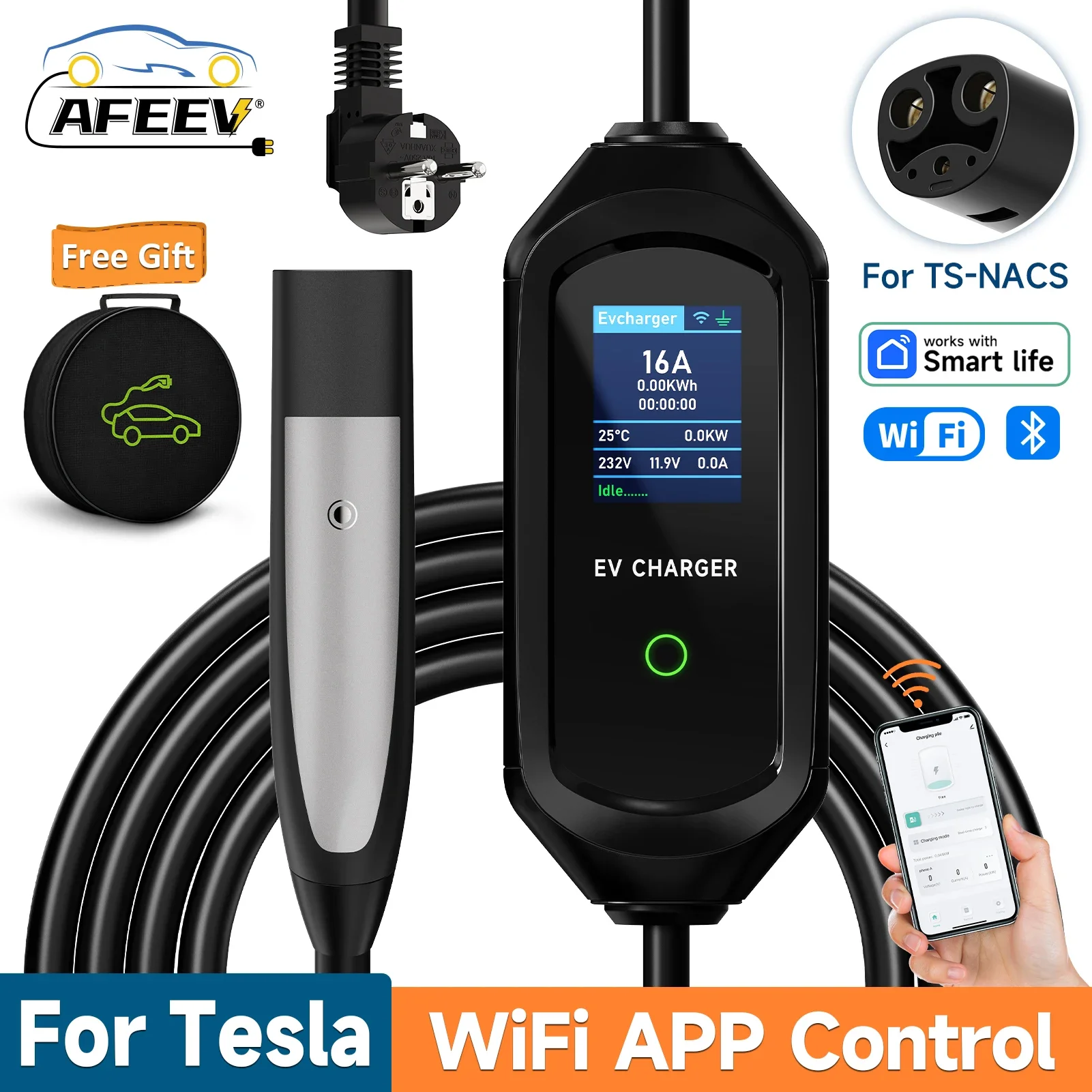 AFEEV-cargador EV portátil de 3,5 kW/7 kW para Tesla Model 3/X/Y/S Highland 2024 EVSE, Cable de carga rápida, enchufe CEE, caja de pared para coche