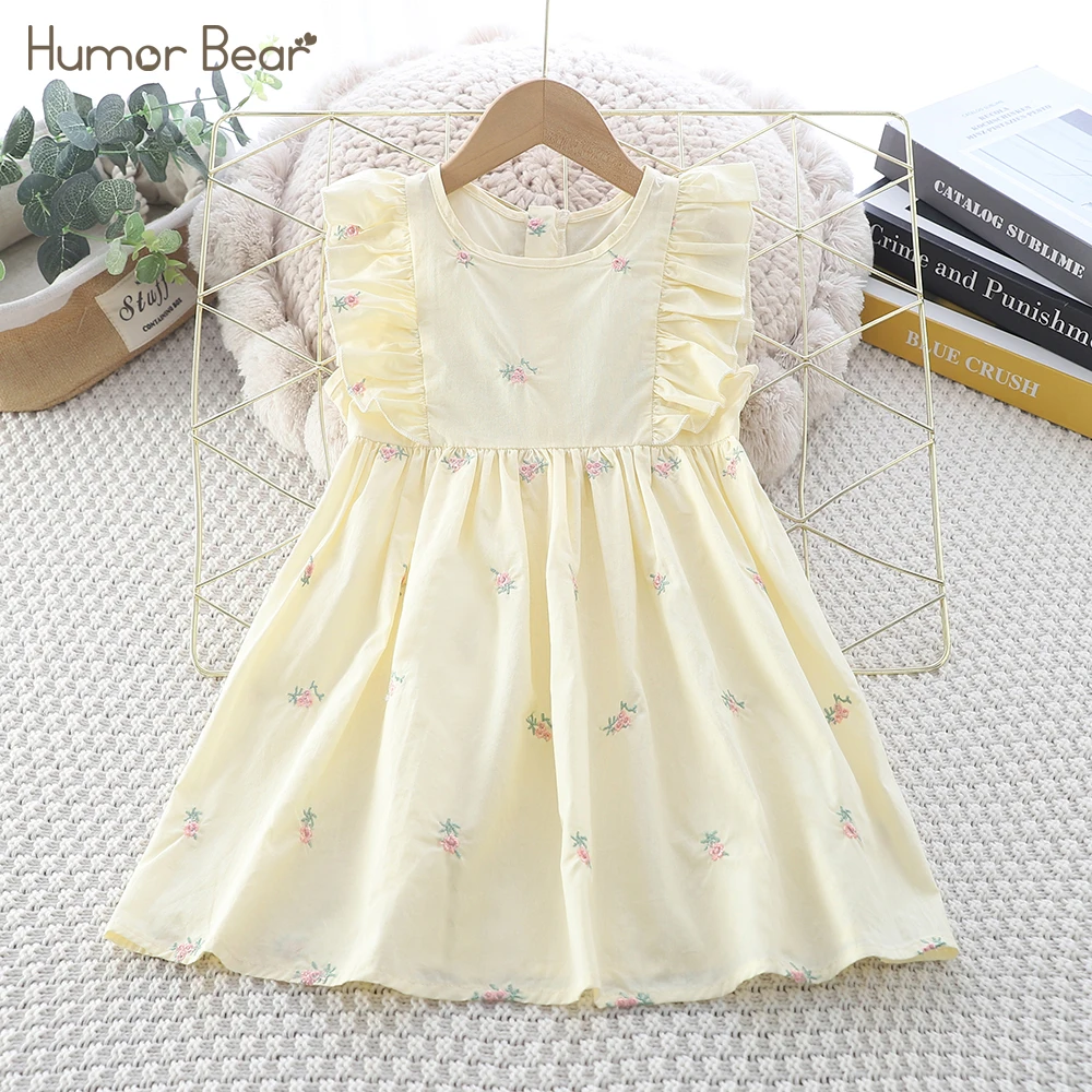 Humor bear Girls  Summer new Lace Round Leader Embroidered Princess Dress Casual style Girls Apricot zipper dress 2-6Y