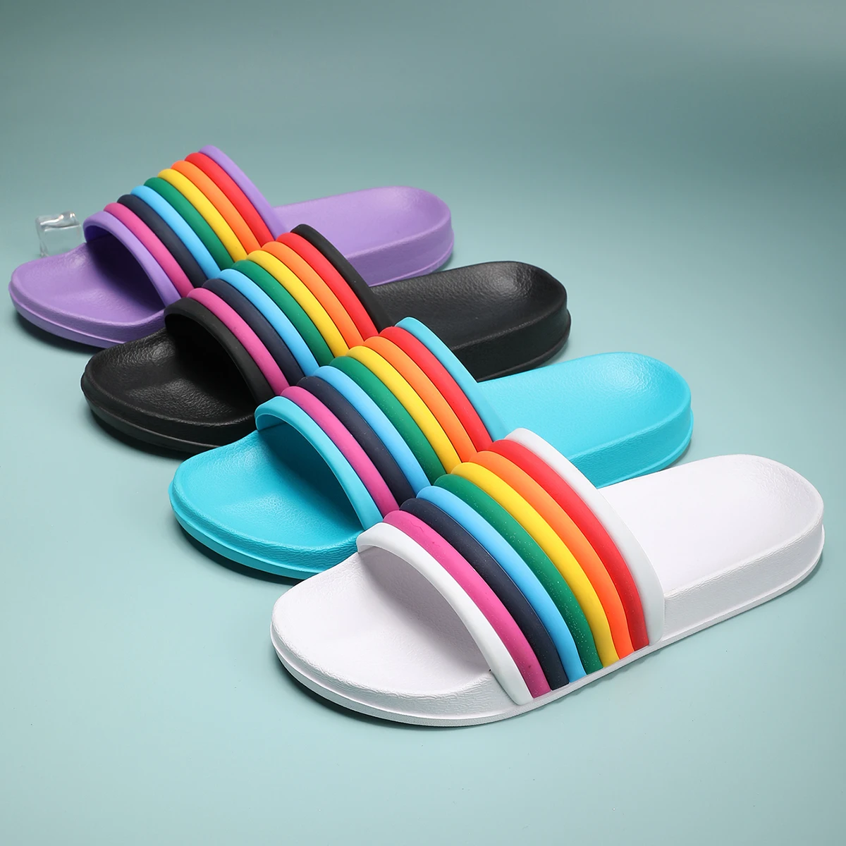 Women Rainbow Thick Sole Summer Beach Slides Bathroom Anti-Slip Slipper Soft Sandals Fashion Flip-Flops Ultra-Light Letter Shoe