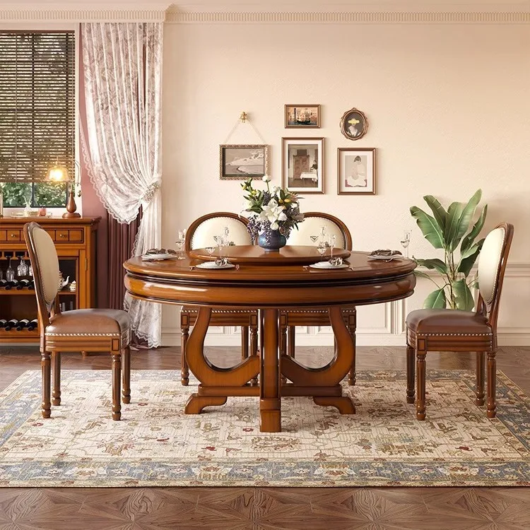 American rural all-solid wood dining table and chair combination retro mahogany dining table household small apartment round din
