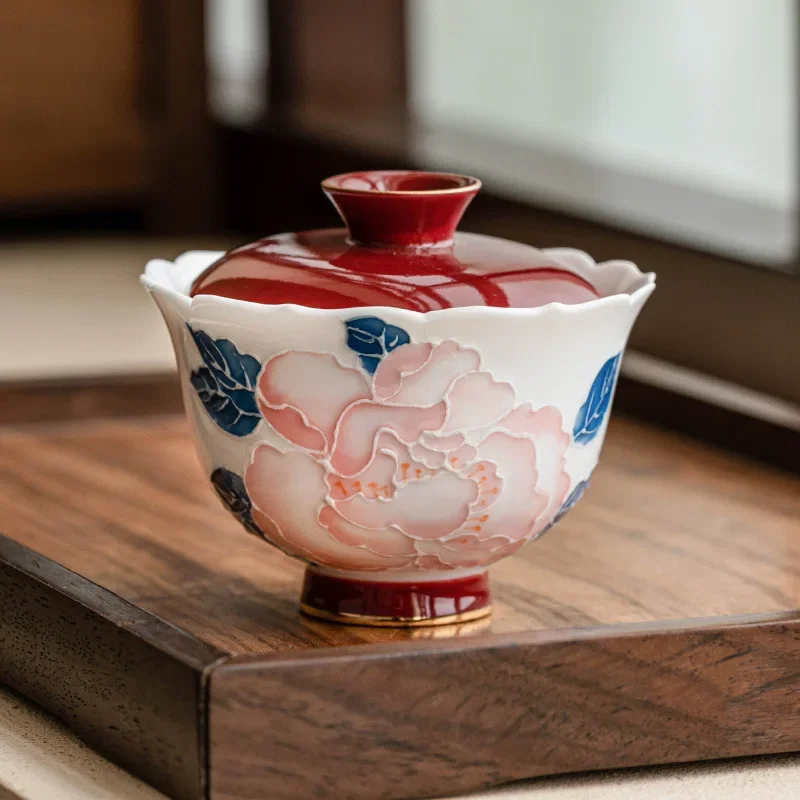 Hand-painted Pile Carving with Gold Peony Flower Mouth Covered Bowl Gaiwan Single High-end Household Kung Fu Tea Set Ceramic