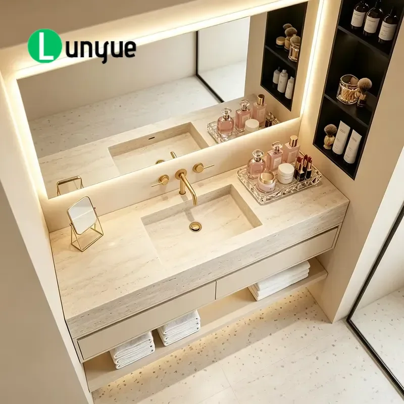 Modern Wall Mounted Floating Bathroom Sink Limestone Textured Calcined Stone Integrated Countertop Basin Vanity for Home