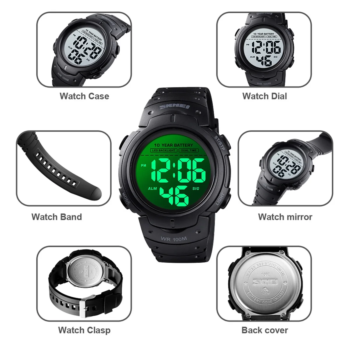 SKMEI Sport Fitness Watches Mens Digital 100M Waterproof Wrist Watch Men 2 Time 10 Year Battery Alarm Clock reloj hombre 1560