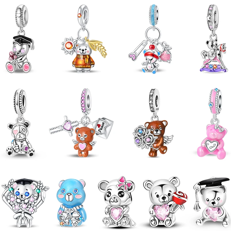 Cute 925 Sterling Silver Circus Dress Flowers Plush Bachelor's Hat Bear Charms Beads Fit Pan Original Bracelets DIY Jewelry